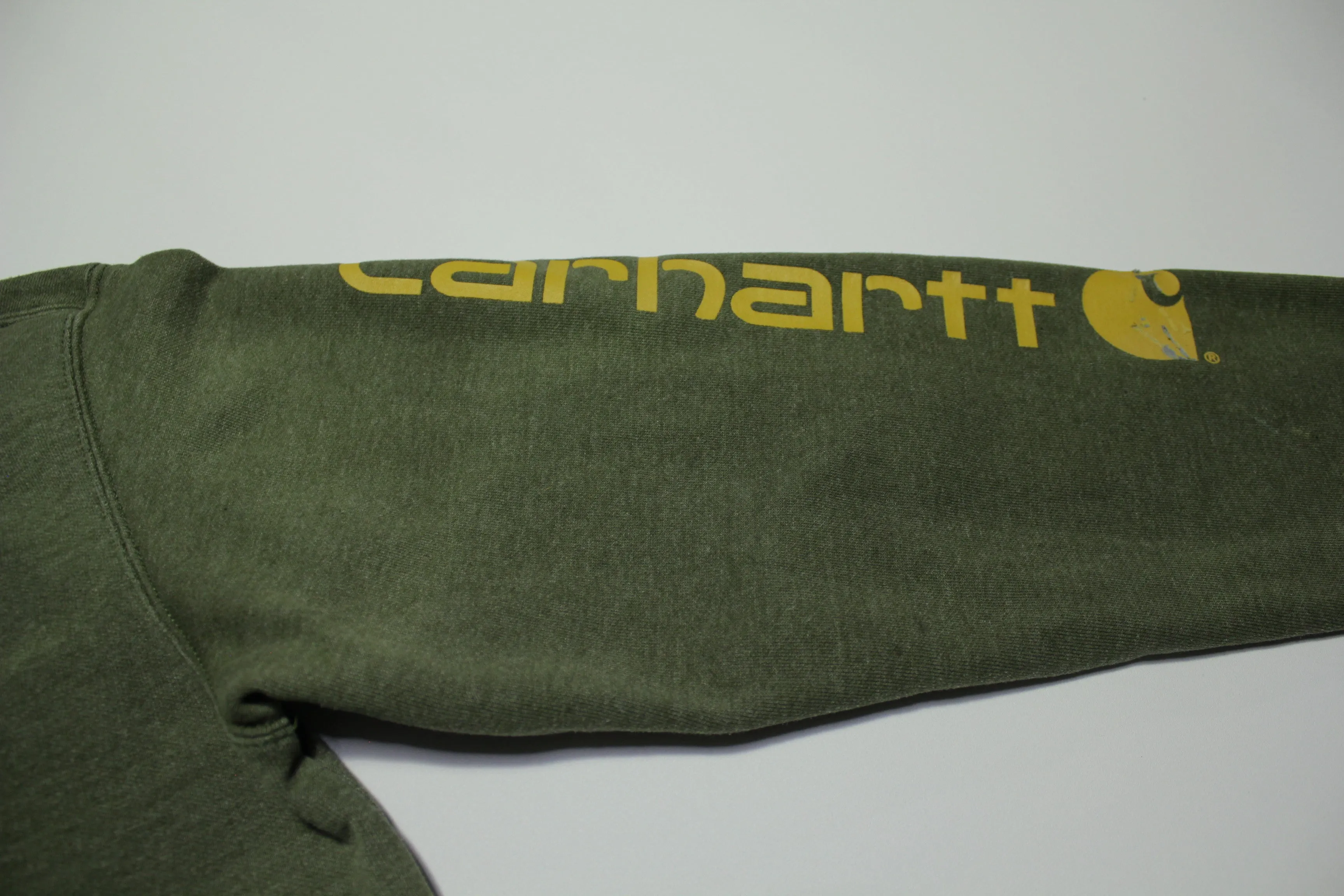 Carhartt K288 G39 Green Sleeve Spellout Pullover Construction Hoodie Sweatshirt