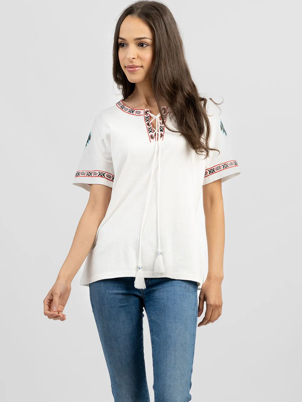 Delila Women Washed Embroidered Aztec Tie-String Tassel Tee