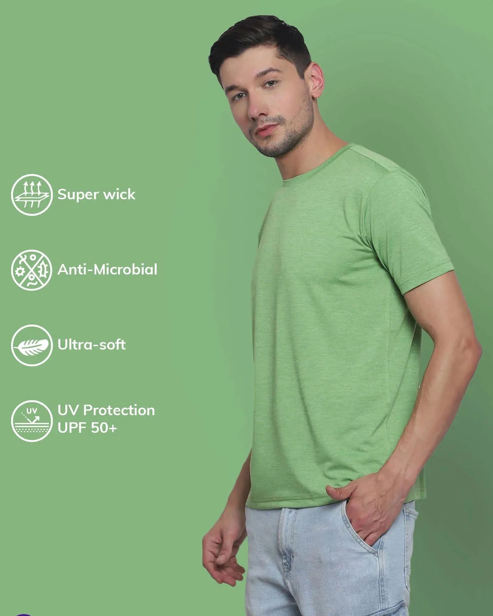 Half Sleeves Crew Neck: Spring Green Melange