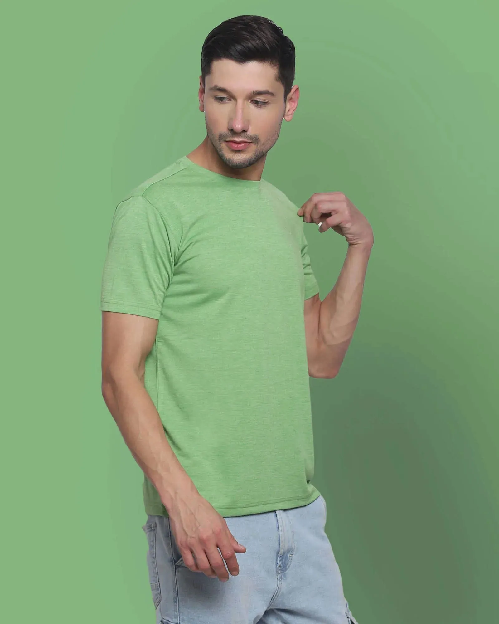 Half Sleeves Crew Neck: Spring Green Melange