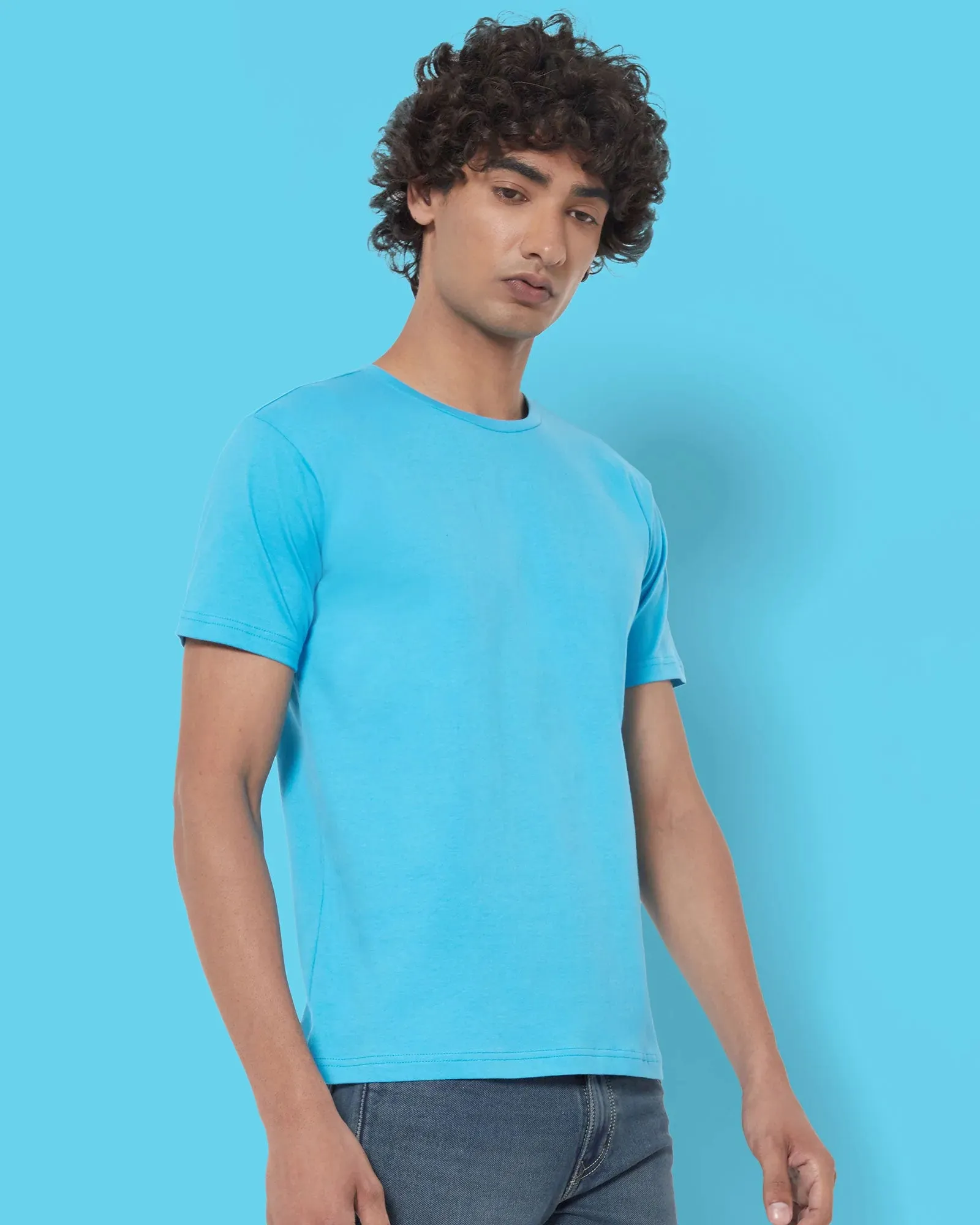 Half Sleeves Crew Neck: Turquoise Blue