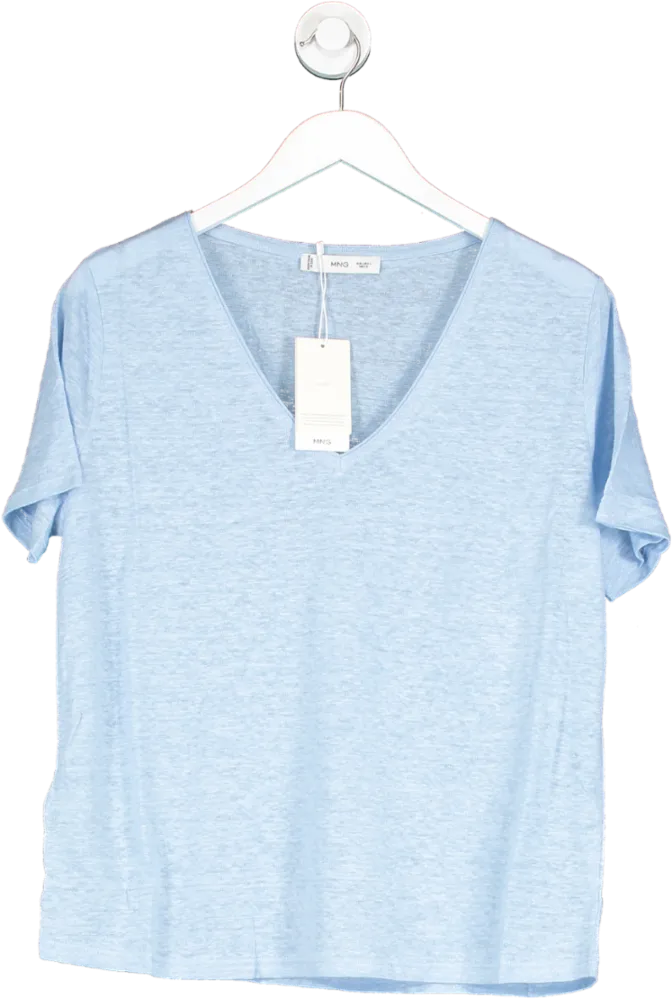 MANGO Blue V-neck Linen T Shirt BNWT UK L