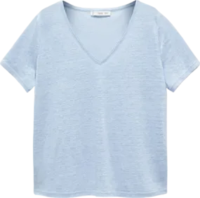 MANGO Blue V-neck Linen T Shirt BNWT UK L