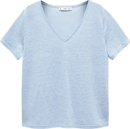 MANGO Blue V-neck Linen T Shirt BNWT UK L