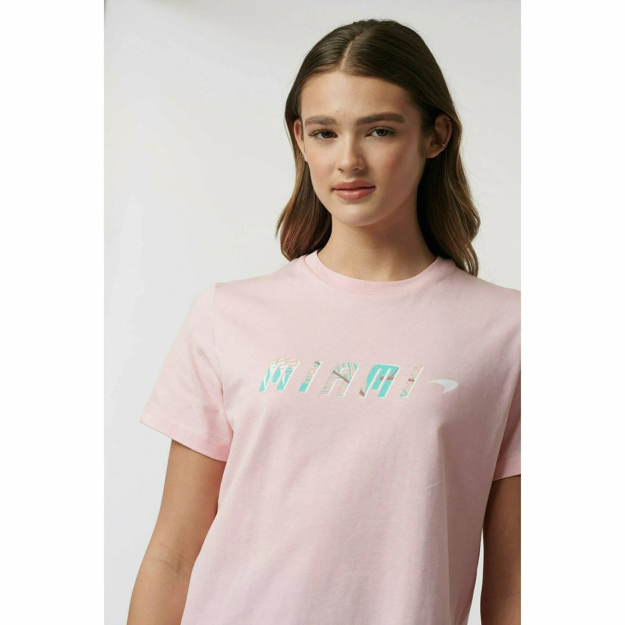 McLaren F1 Women's Miami Palm Graphic T-Shirt-Crystal Rose/Aqua Sky