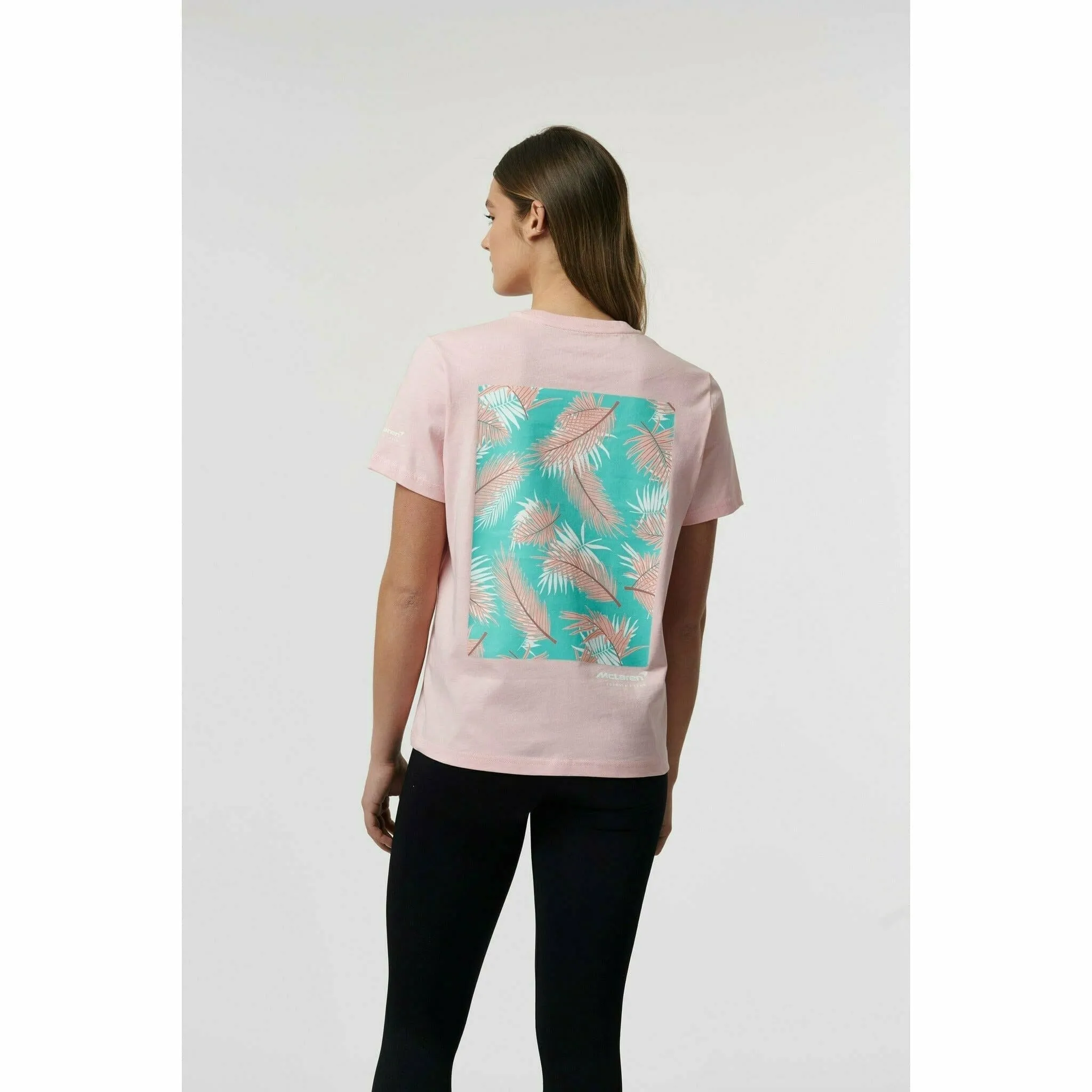 McLaren F1 Women's Miami Palm Graphic T-Shirt-Crystal Rose/Aqua Sky