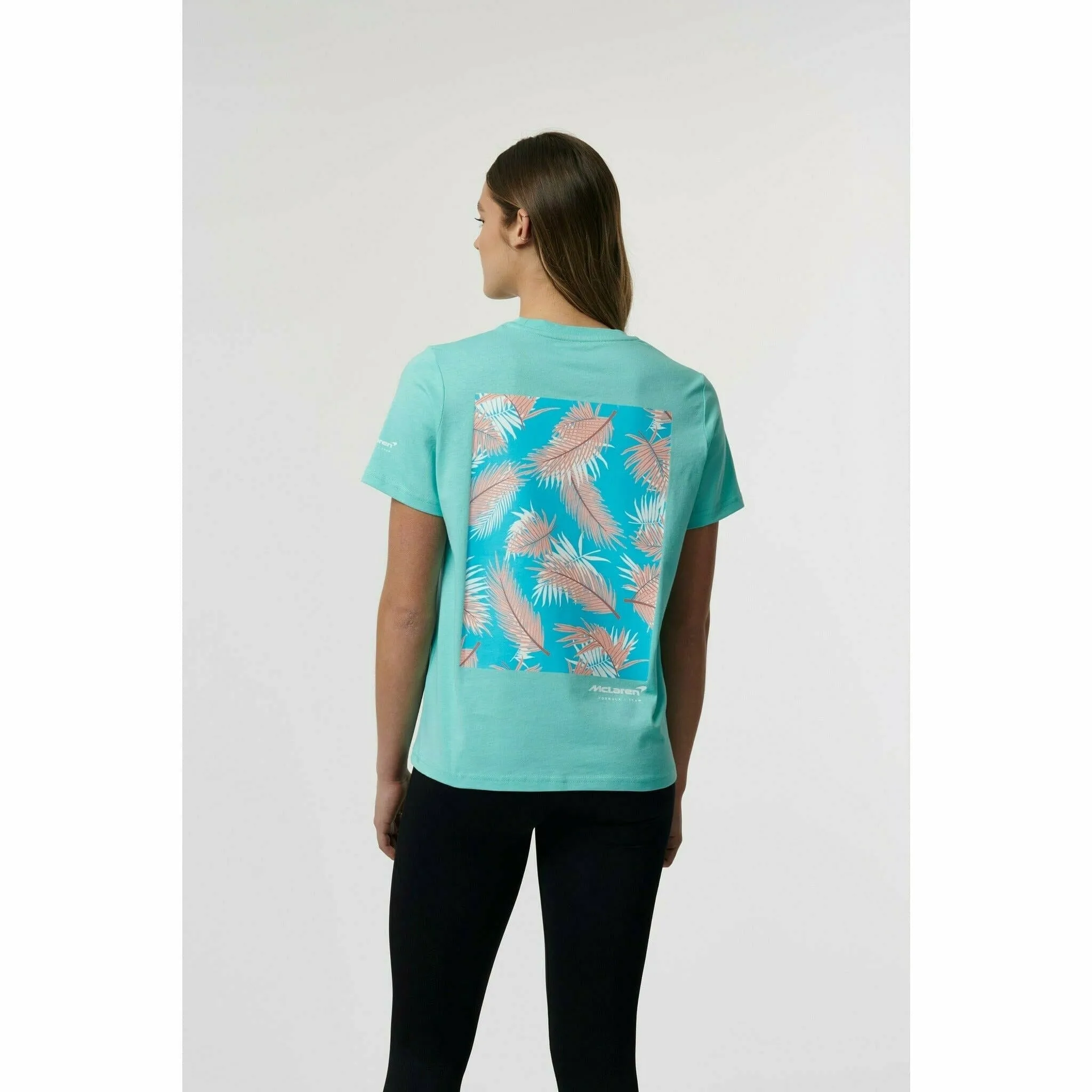 McLaren F1 Women's Miami Palm Graphic T-Shirt-Crystal Rose/Aqua Sky