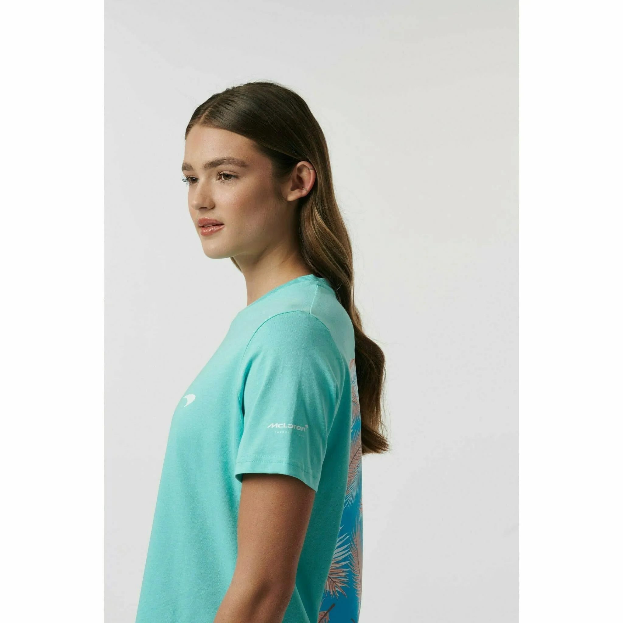 McLaren F1 Women's Miami Palm Graphic T-Shirt-Crystal Rose/Aqua Sky