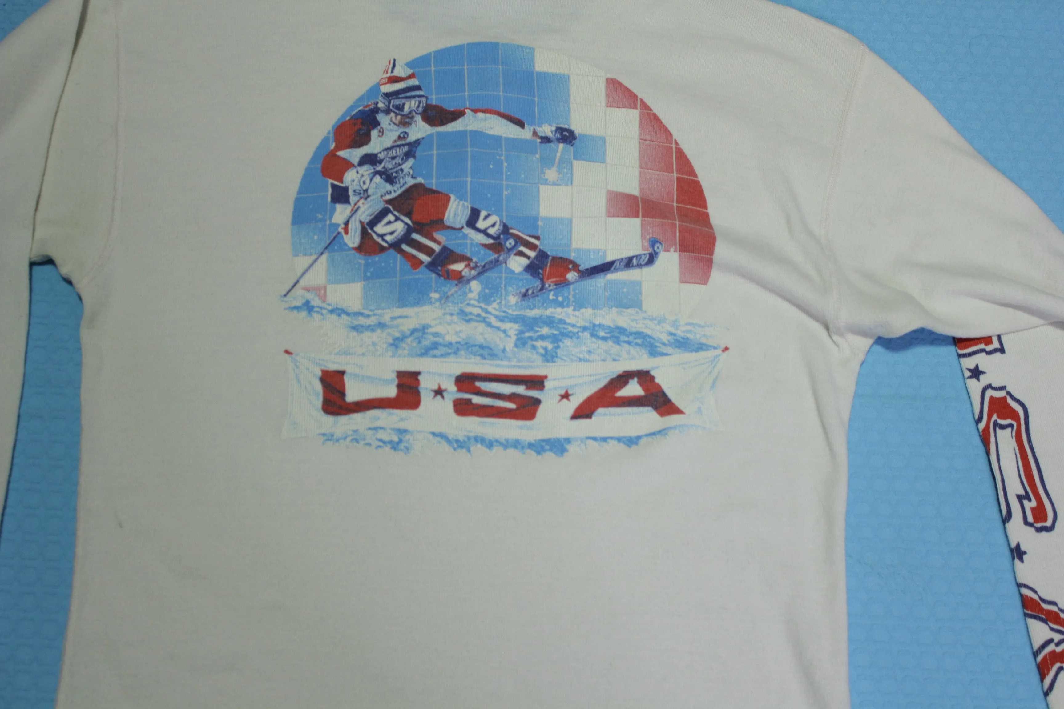 Vintage 80s Michelob Light USA Ski Team Henley Long Sleeve T-Shirt - Buffalo Plaid Design