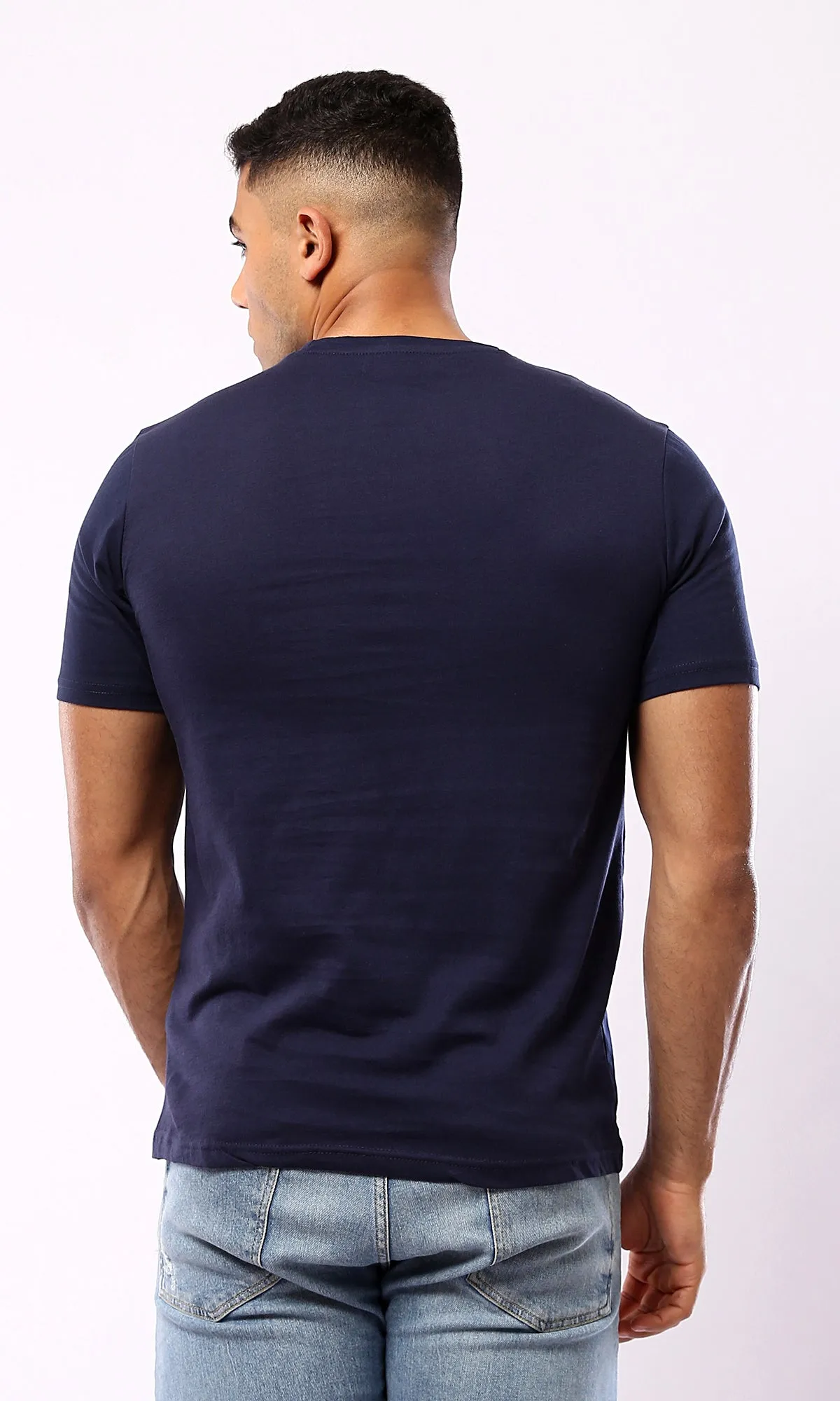 O179018 Round Neck Slip On Navy Blue Printed Tee