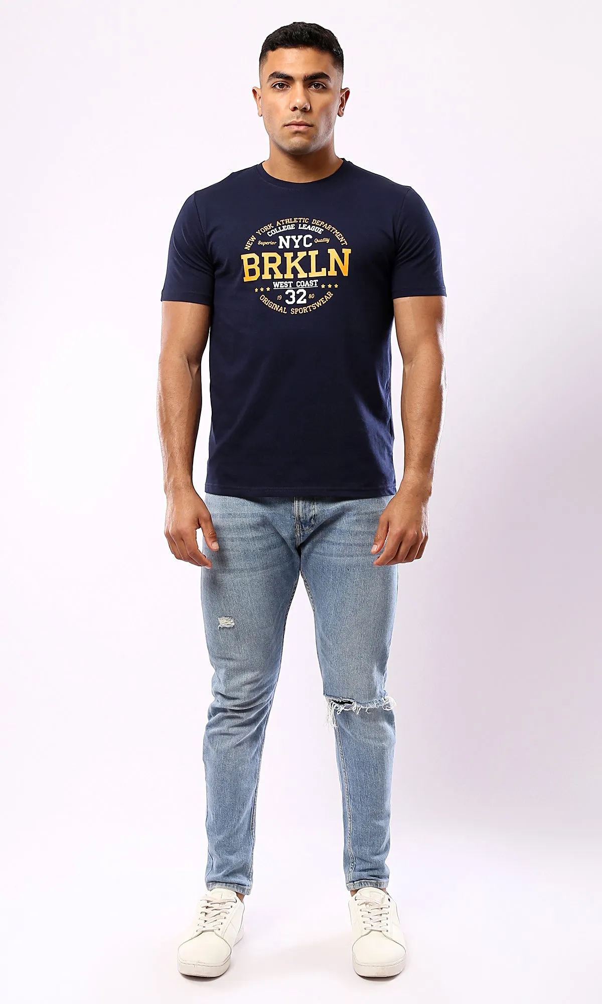 O179018 Round Neck Slip On Navy Blue Printed Tee