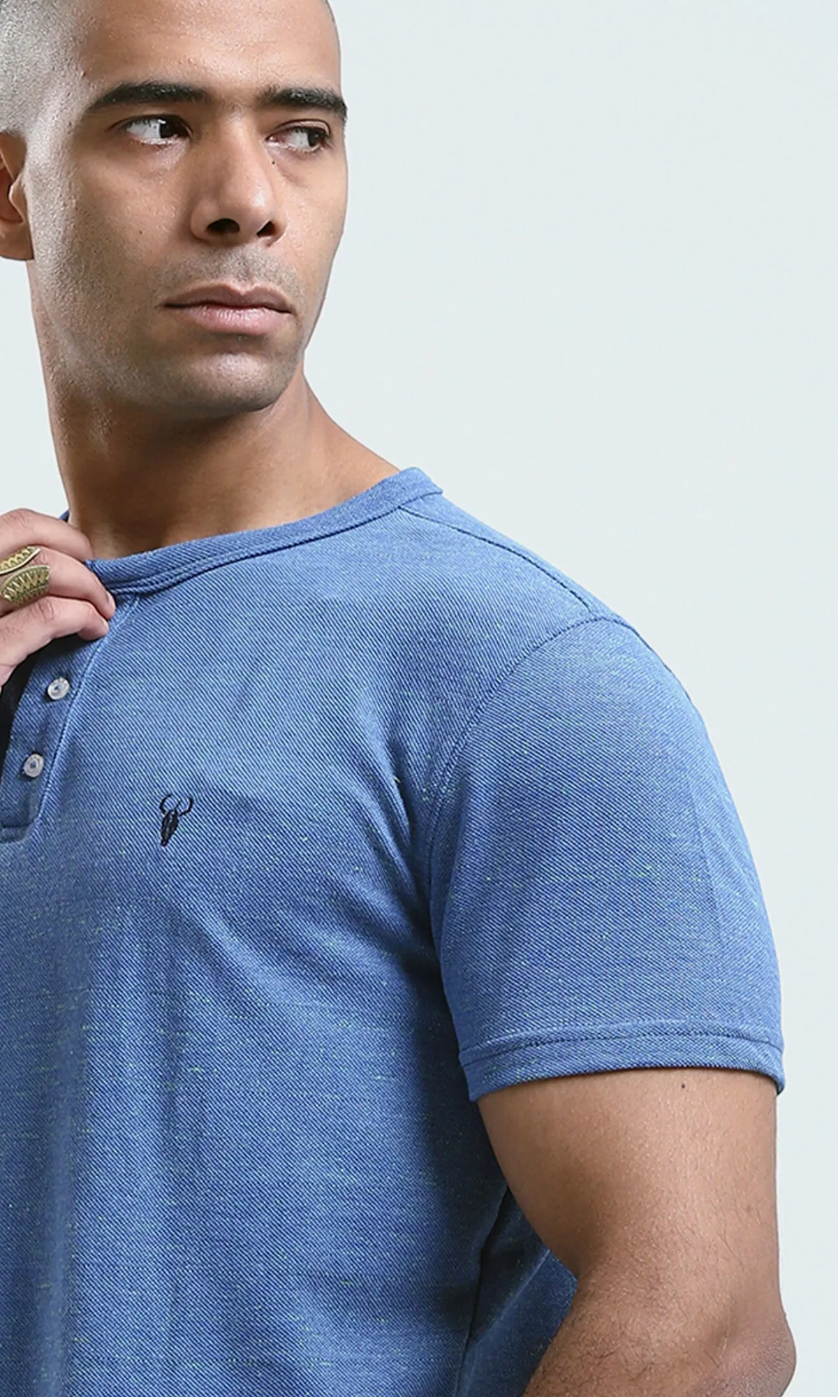 O180630 Heather Blue Buttoned Neck Henley Shirt