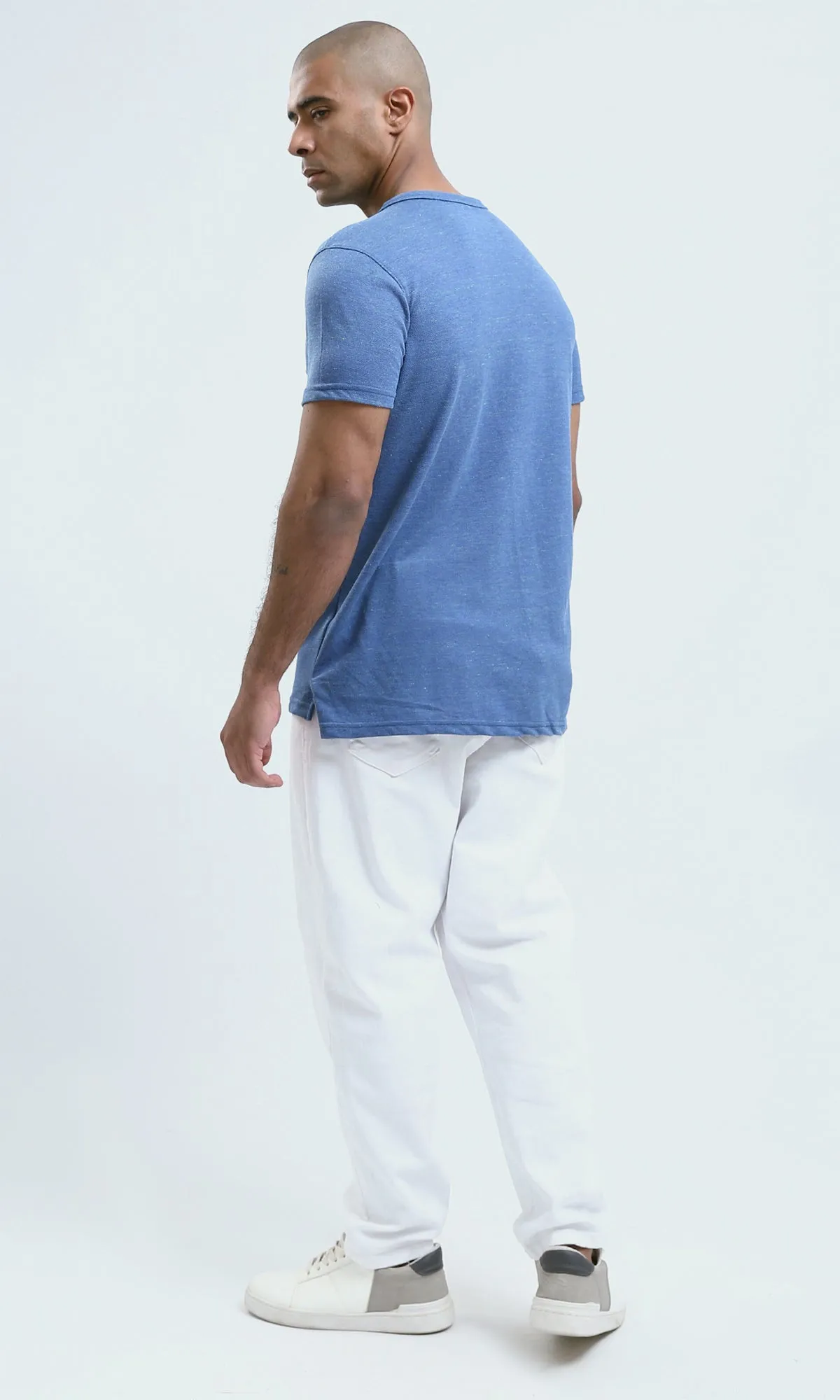 O180630 Heather Blue Buttoned Neck Henley Shirt