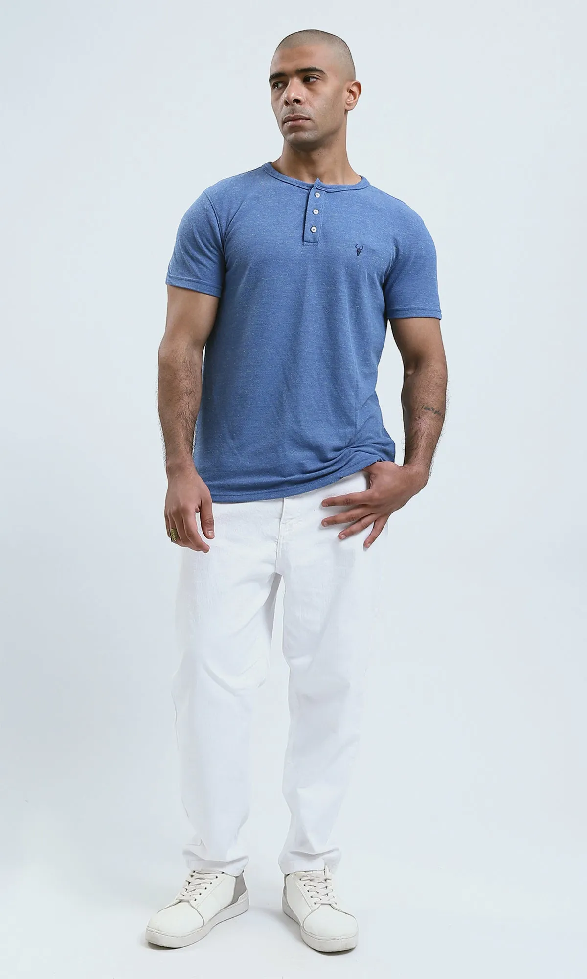 O180630 Heather Blue Buttoned Neck Henley Shirt