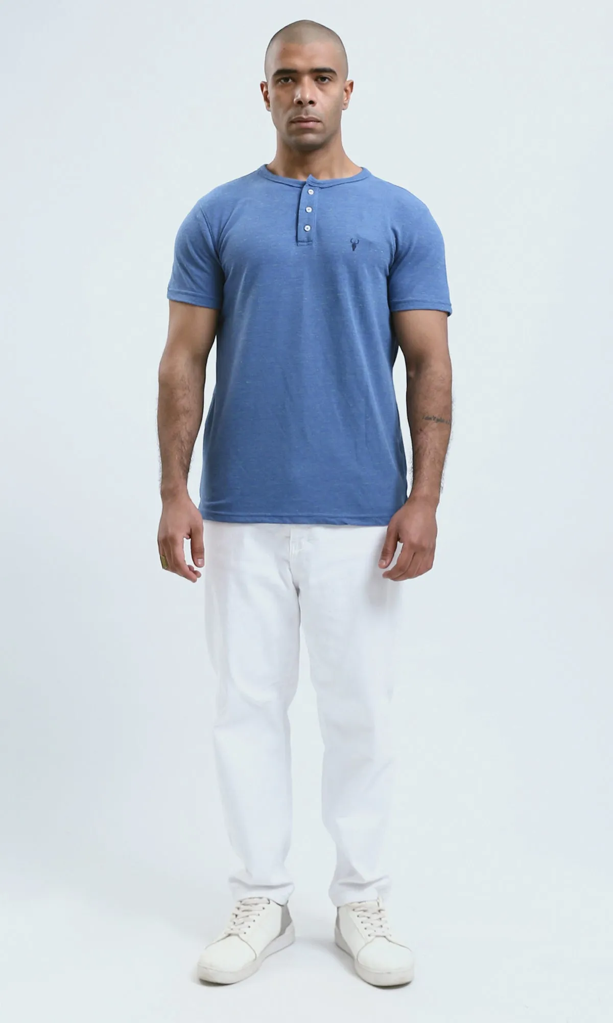 O180630 Heather Blue Buttoned Neck Henley Shirt