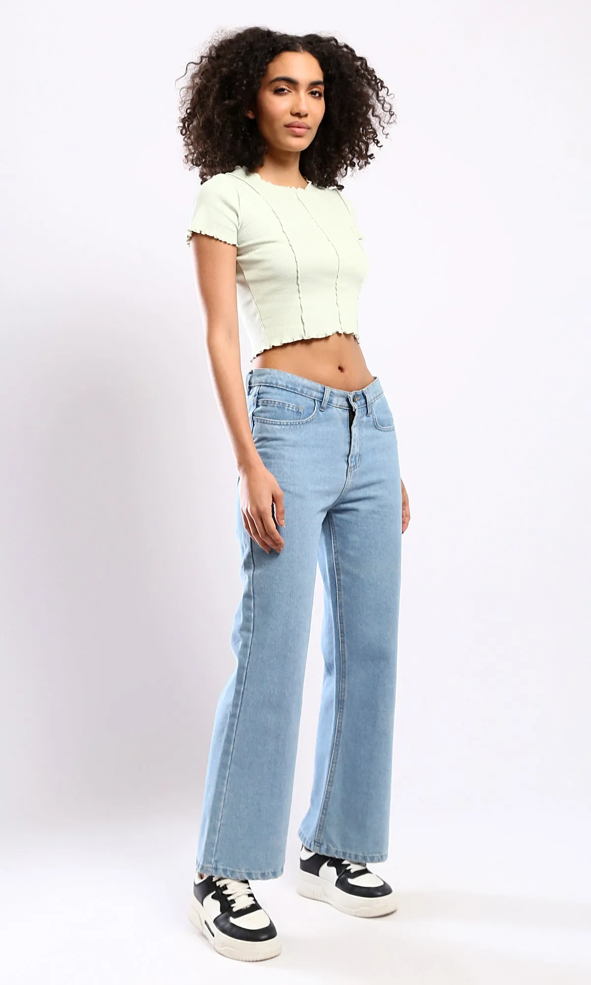 O182021 Slip On Ribbed Pastel Green Cropped Top