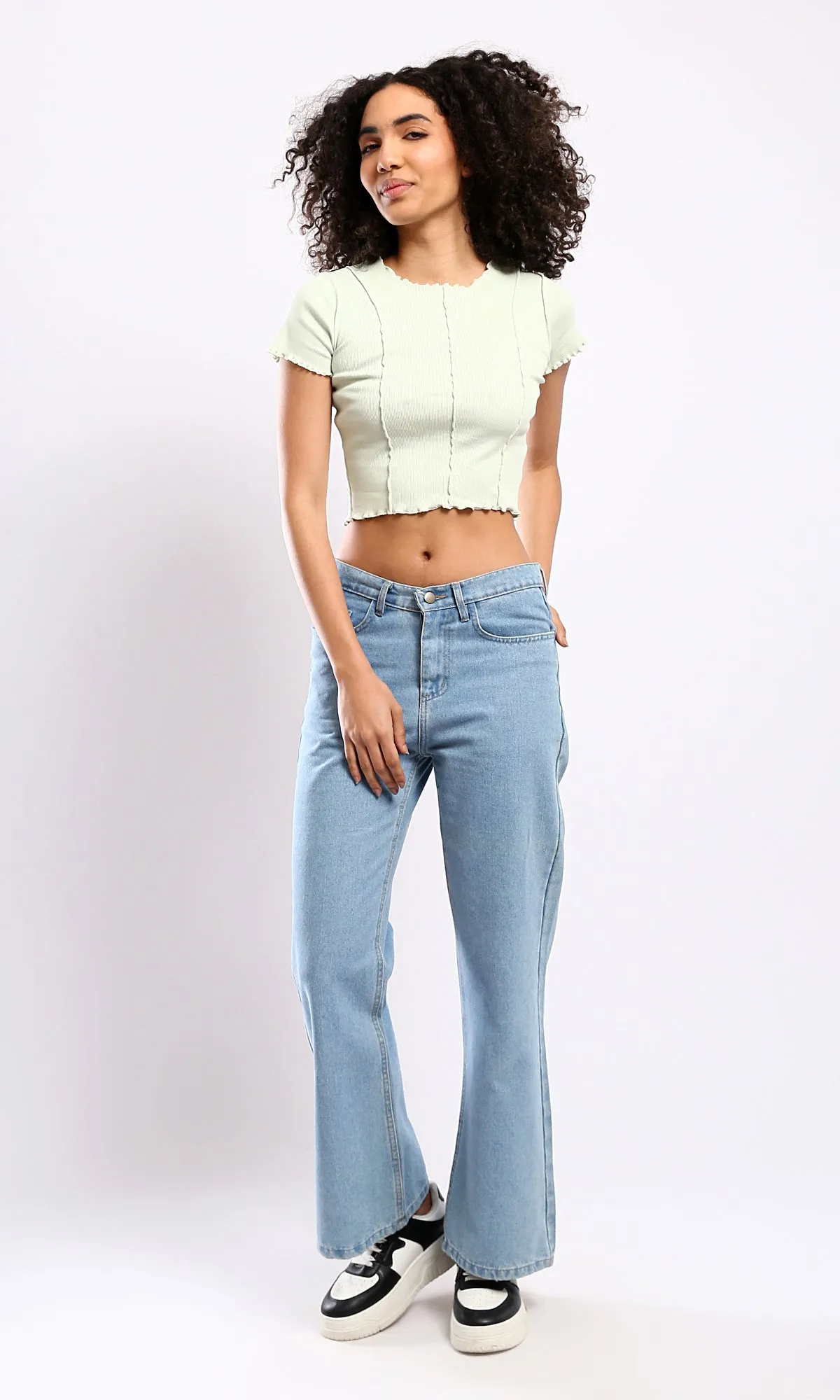 O182021 Slip On Ribbed Pastel Green Cropped Top