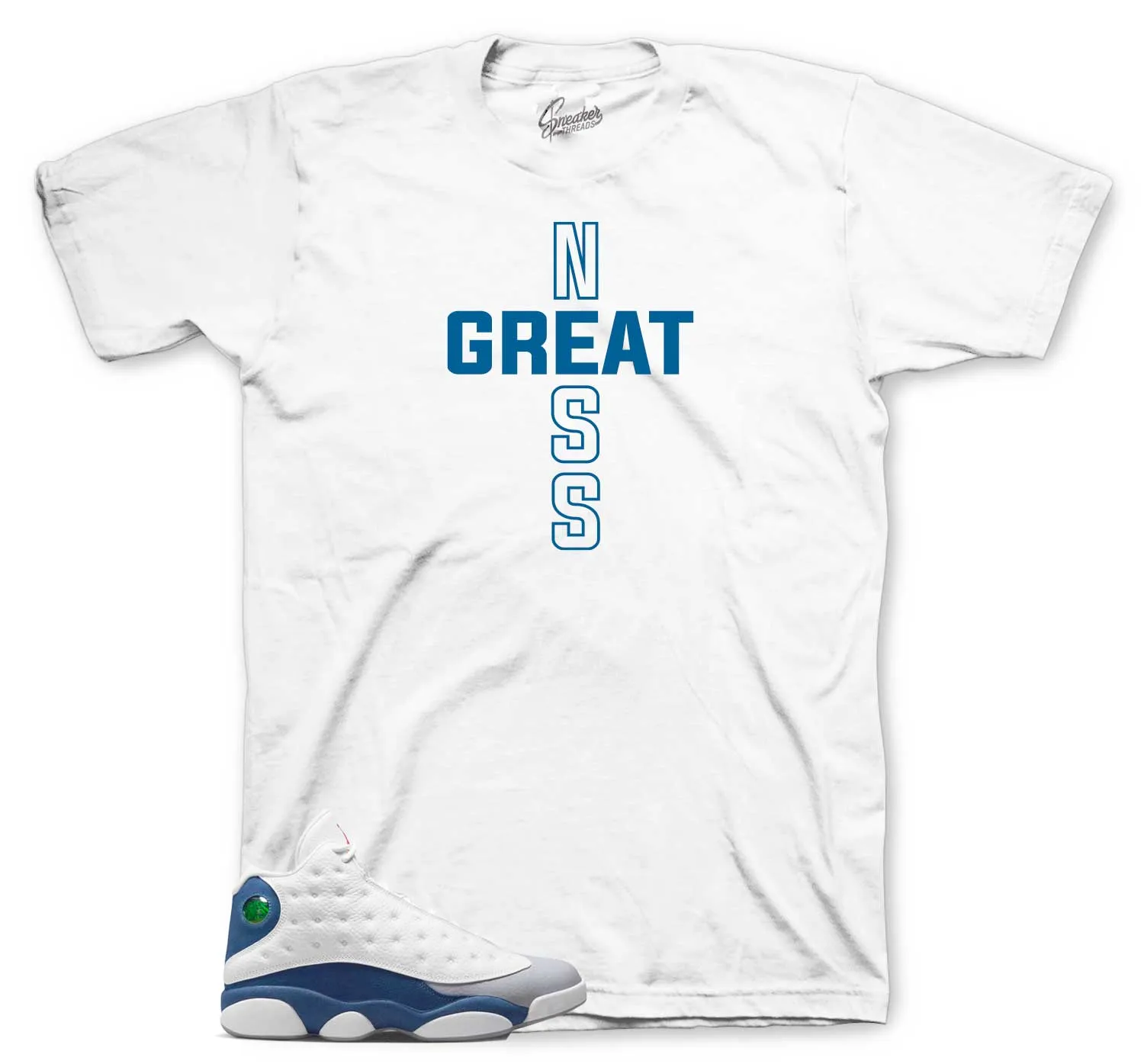 Retro 13 French Blue Shirt - Greatness Cross - White