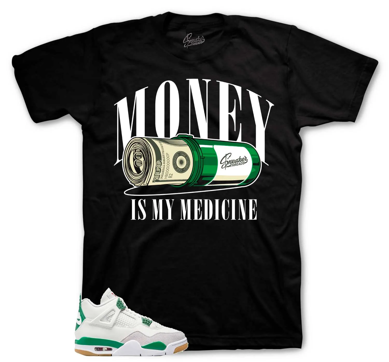 Retro 4 SB Pine Green Shirt - Money Medicine - Black