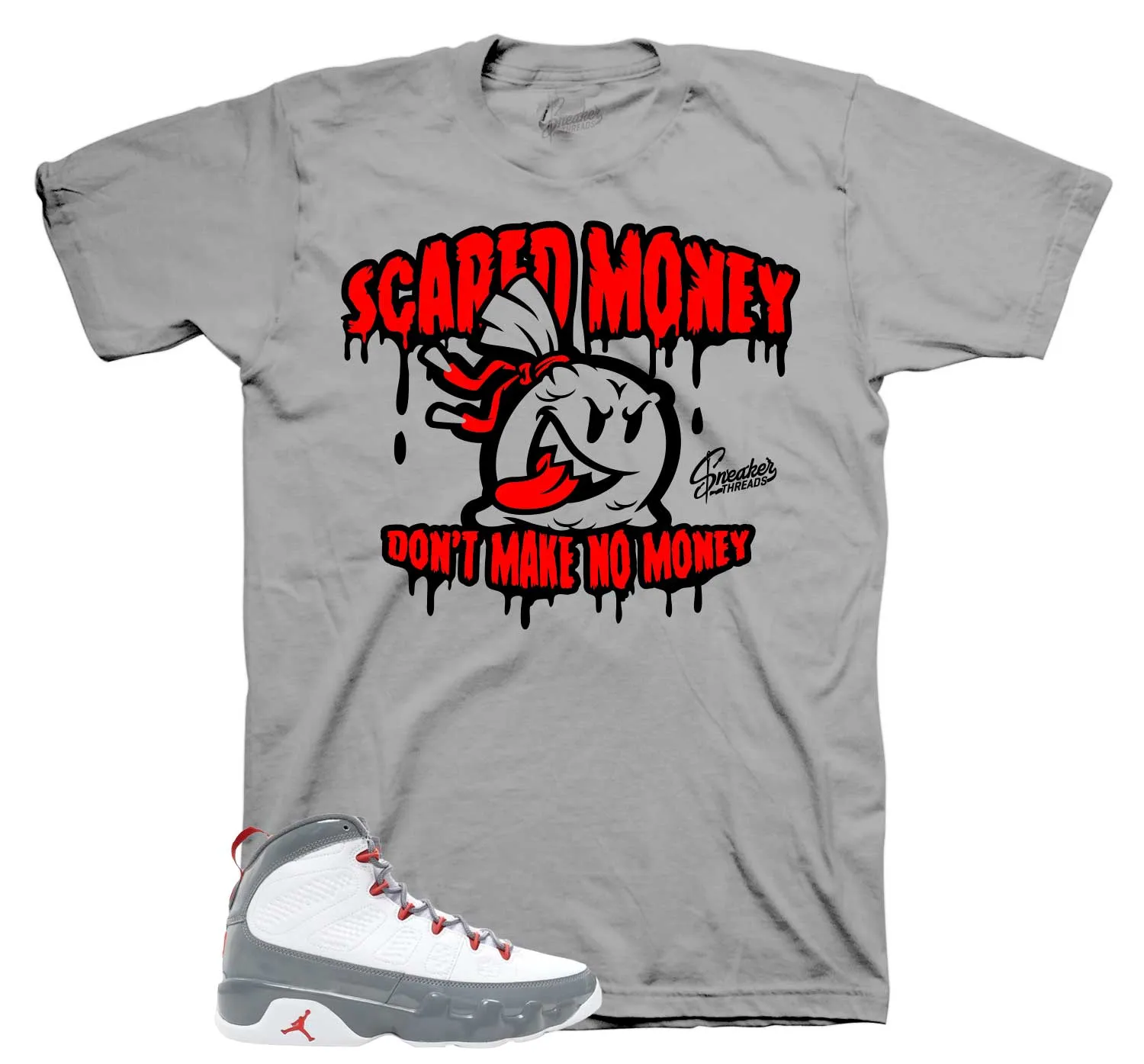 Retro 9 Fire Red Shirt - Scared Money - Grey