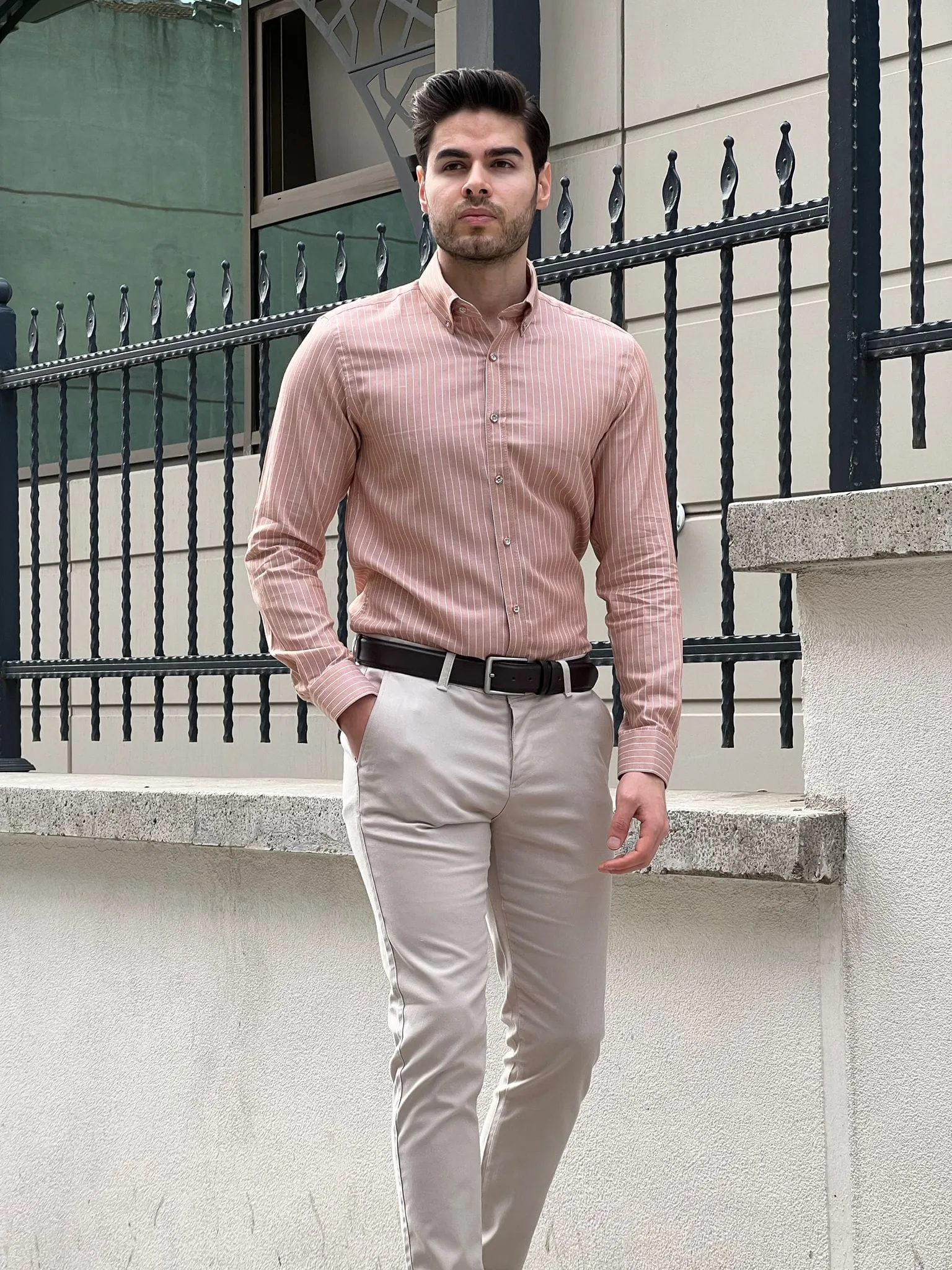 Slim Fit Striped Cotton Salmon Shirt