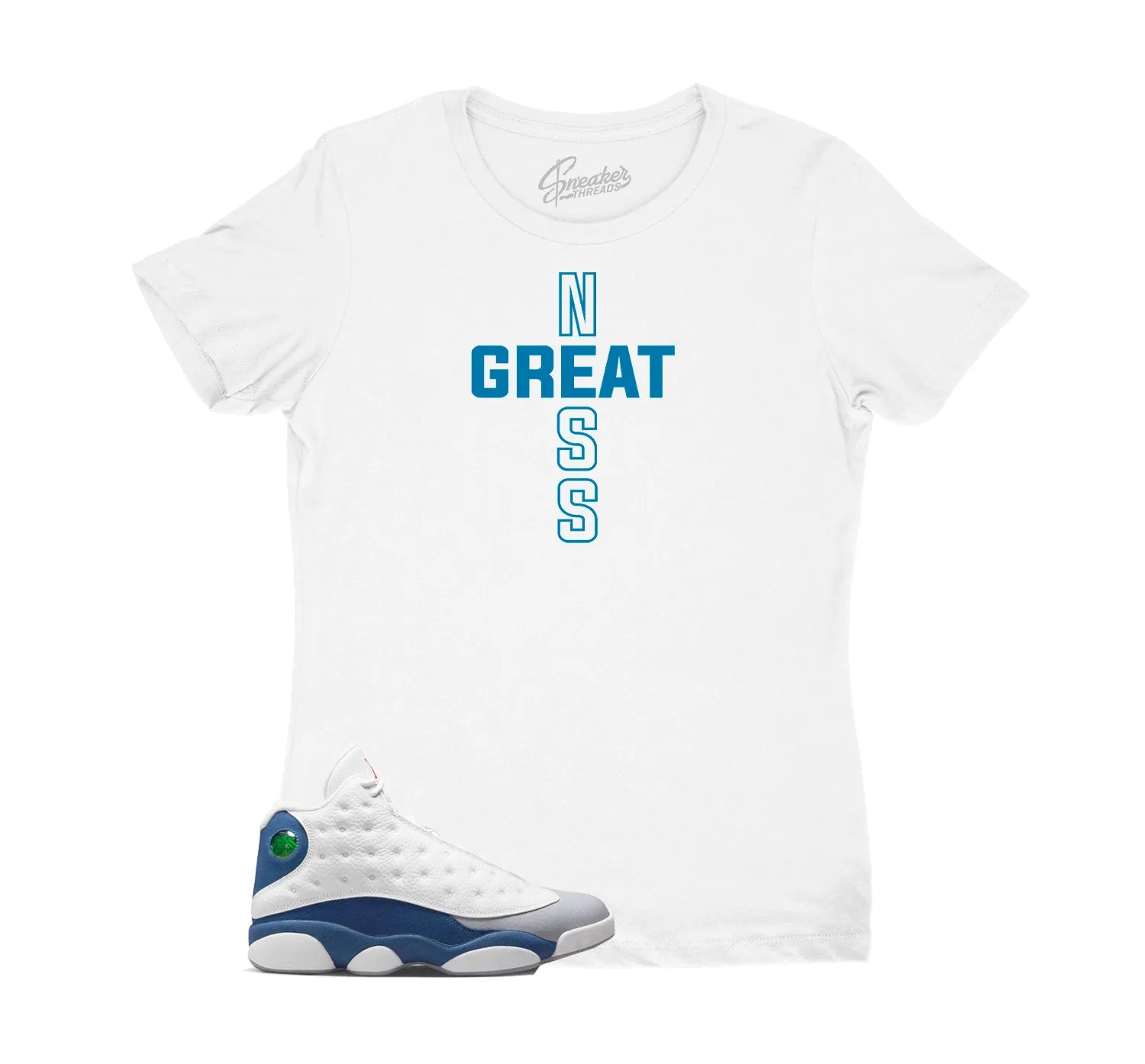 Womens French Blue 13 Shirt - Greatness Cross - White